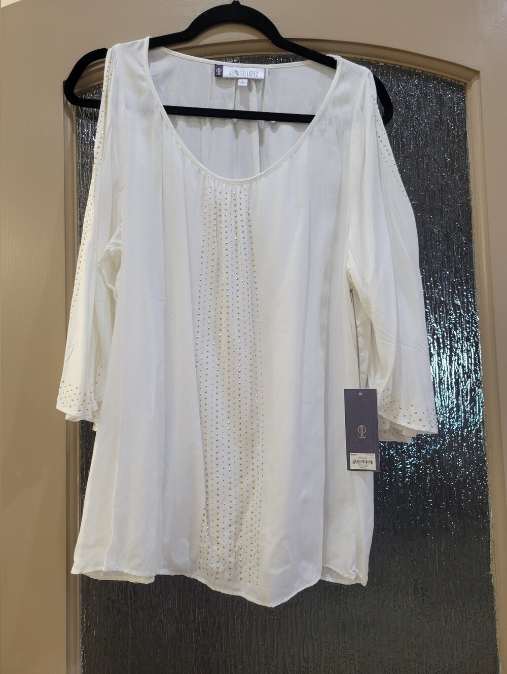 Jennifer Lopez White Cold-Shoulder Blouse with Gold Stud Accents